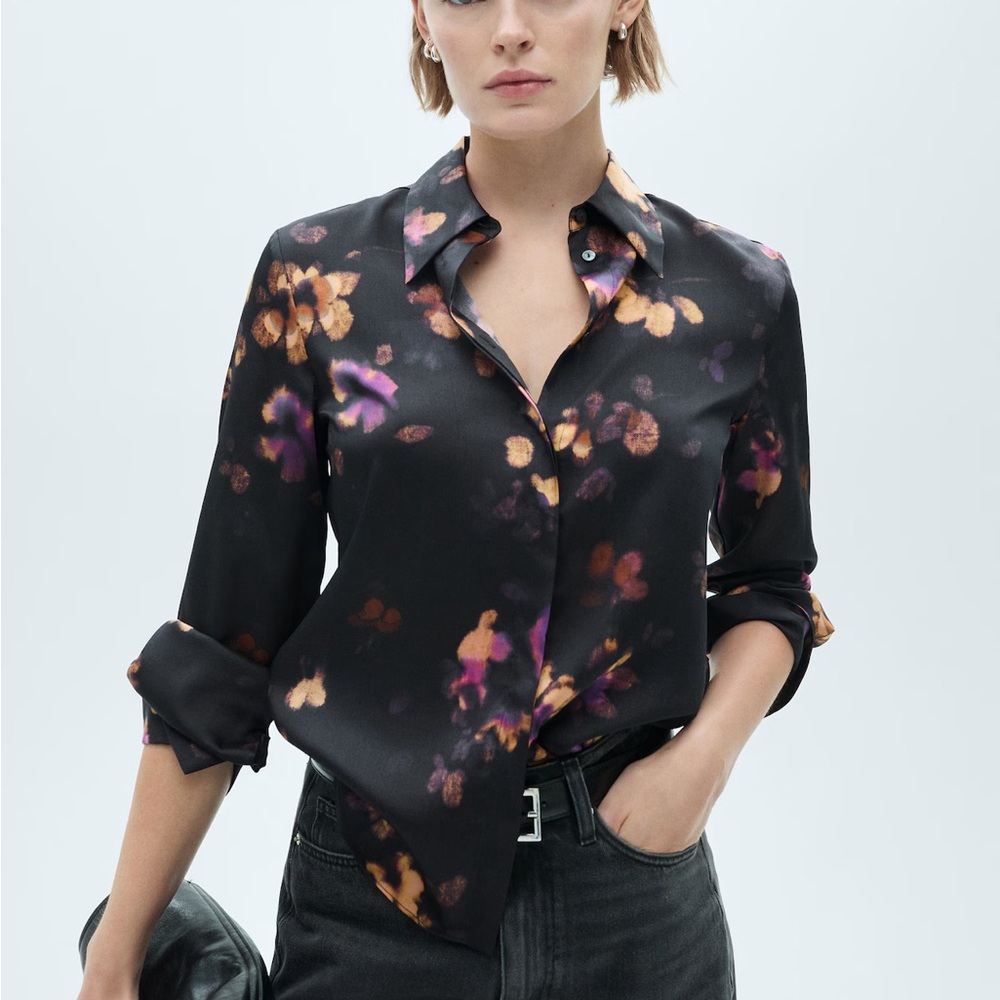 MANGO Floral Black and Purple Satin Shirt - Size S